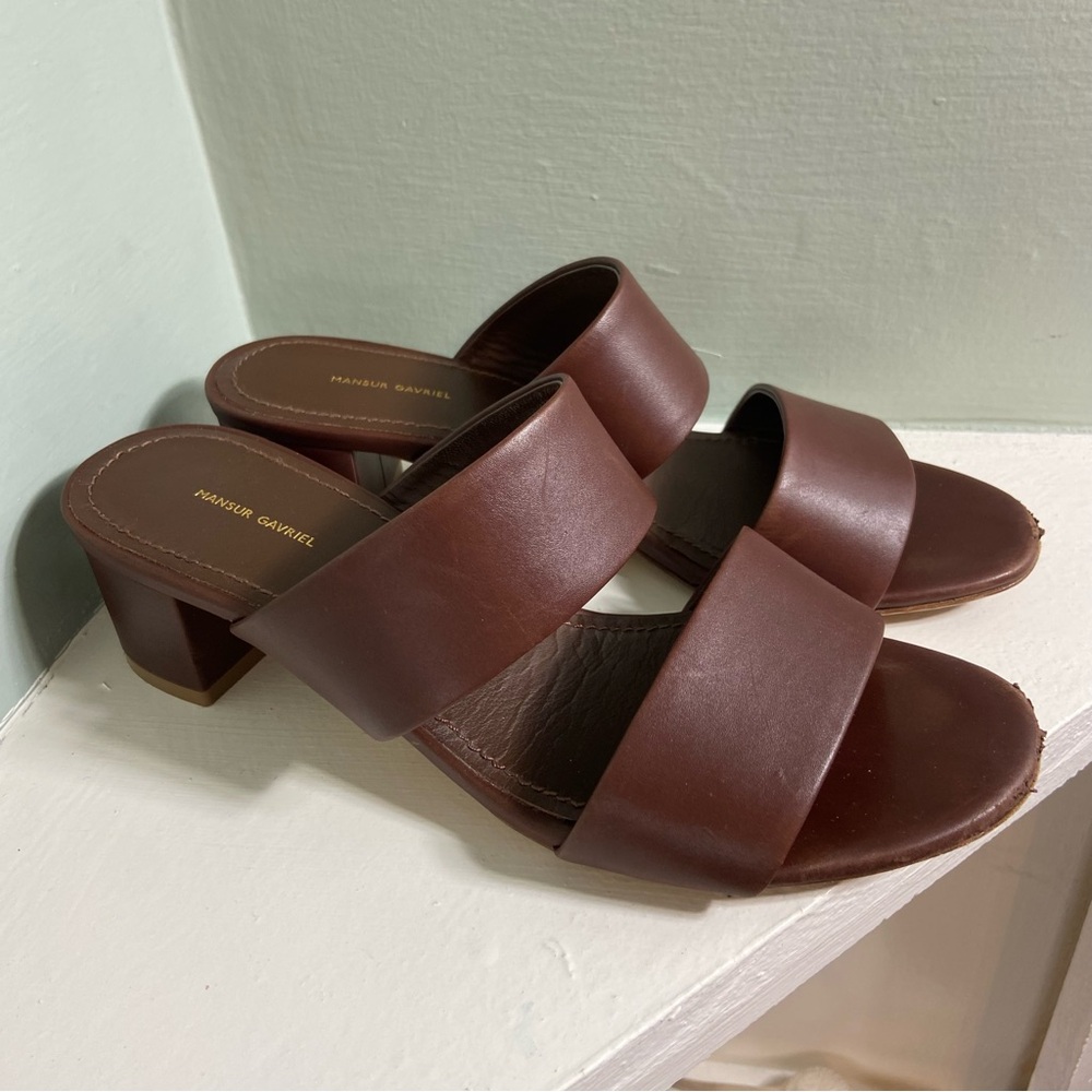 Mansur Gavriel Brown Leather Block Chunky Heeled Mules Sandals Heels Size 36/6
